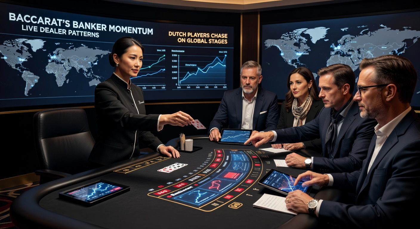 Live dealer baccarat tafel met banker streak op het scoreboard, typisch patroon dat spelers analyseren tijdens sessies op internationale platforms