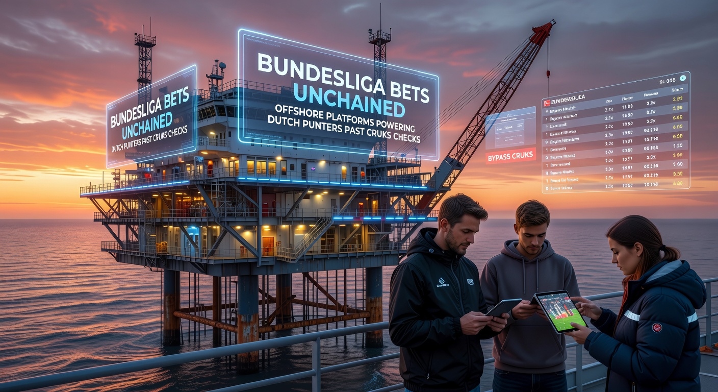 Dynamische scène van Bundesliga-actie met fans en weddenschappen op offshore platforms, symboliserend vrijheid voorbij CRUKS