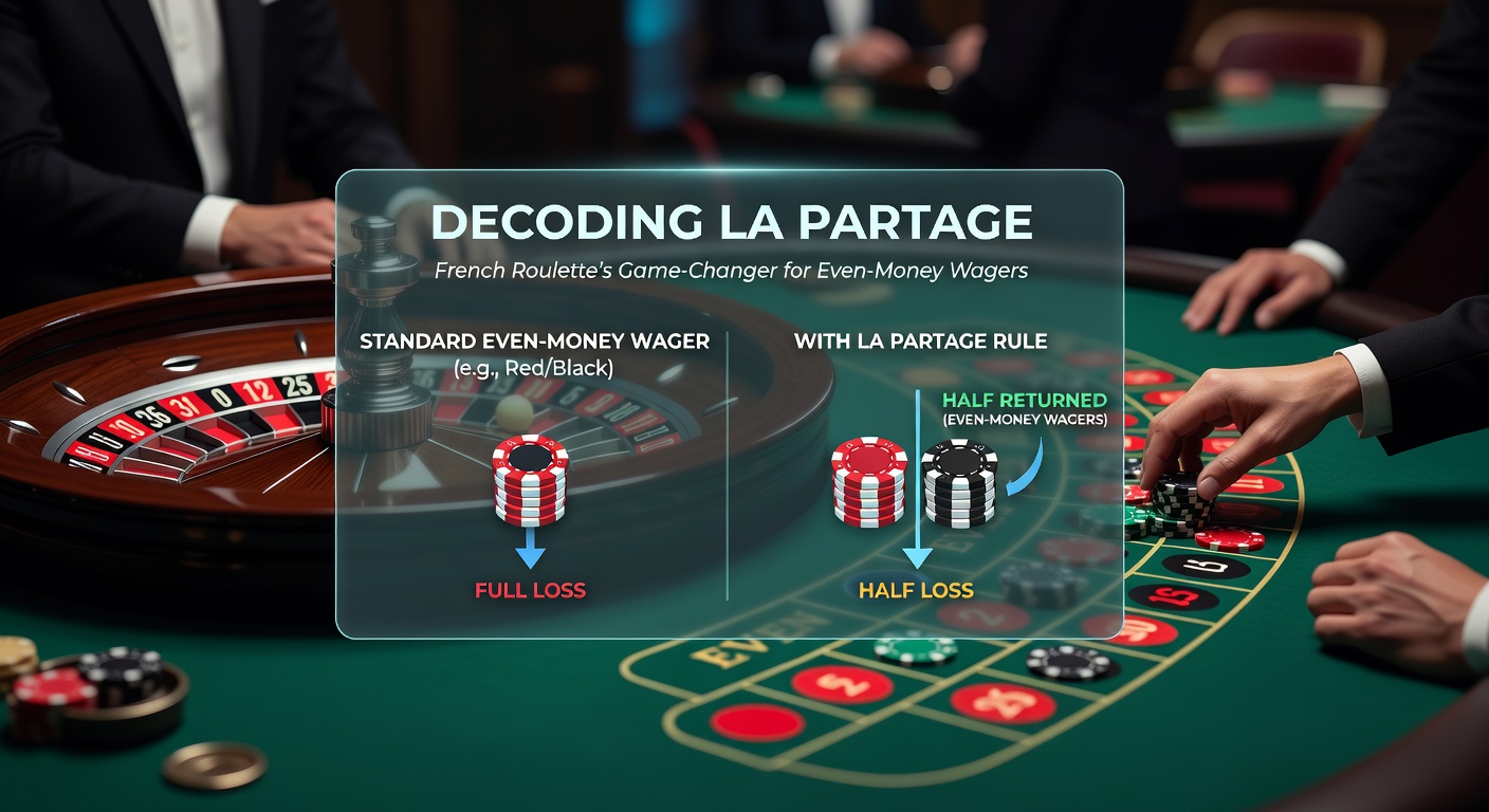 Dudukse close-up van een Franse roulette wiel met zero-sectie gemarkeerd, naast chips op even-geld velden die La Partage demonstreren