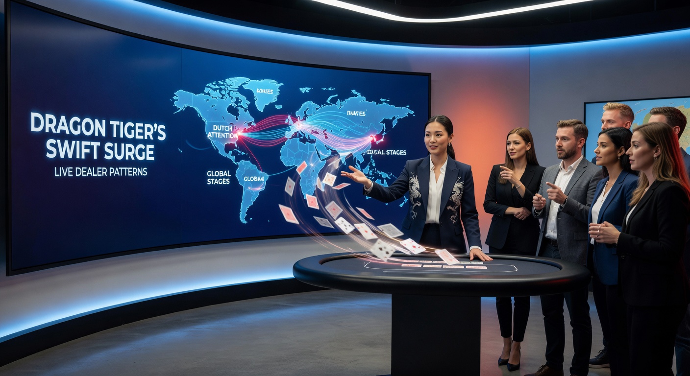 Live dealer aan Dragon Tiger-tafel met kaarten verdeeld tussen Dragon en Tiger, spelers inzetten zichtbaar op scherm