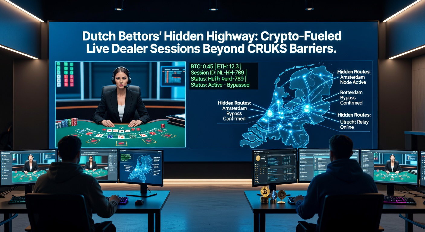 Nederlandse gokkers bij een live dealer tafel met crypto-symbolen op een achtergrond van digitale barrières
