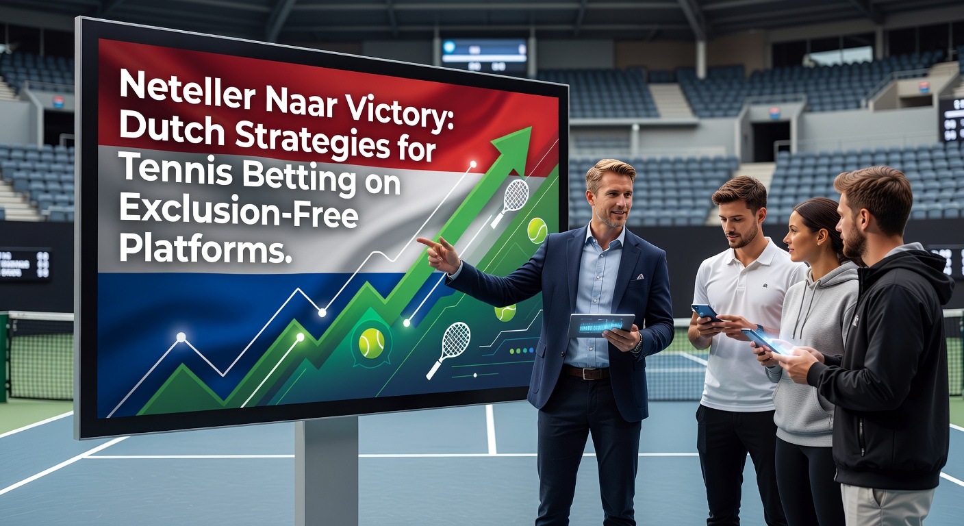 Tennisspeler serveert op grasbaan met Neteller-logo op de achtergrond, symboliserend snelle stortingen voor Nederlandse wedders