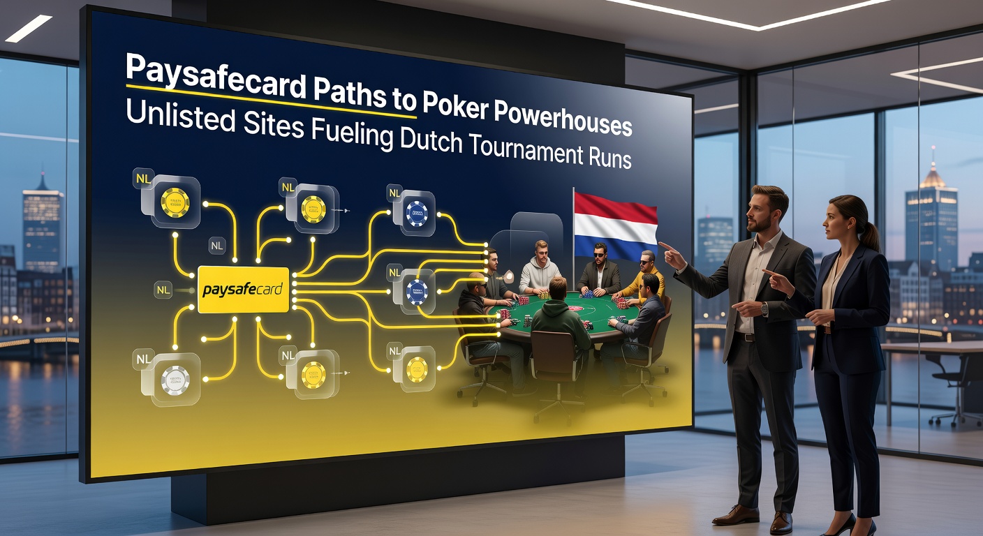 Nederlandse pokerspeler aan een toernooi tafel met Paysafecard voucher zichtbaar, offshore site logo's op scherm