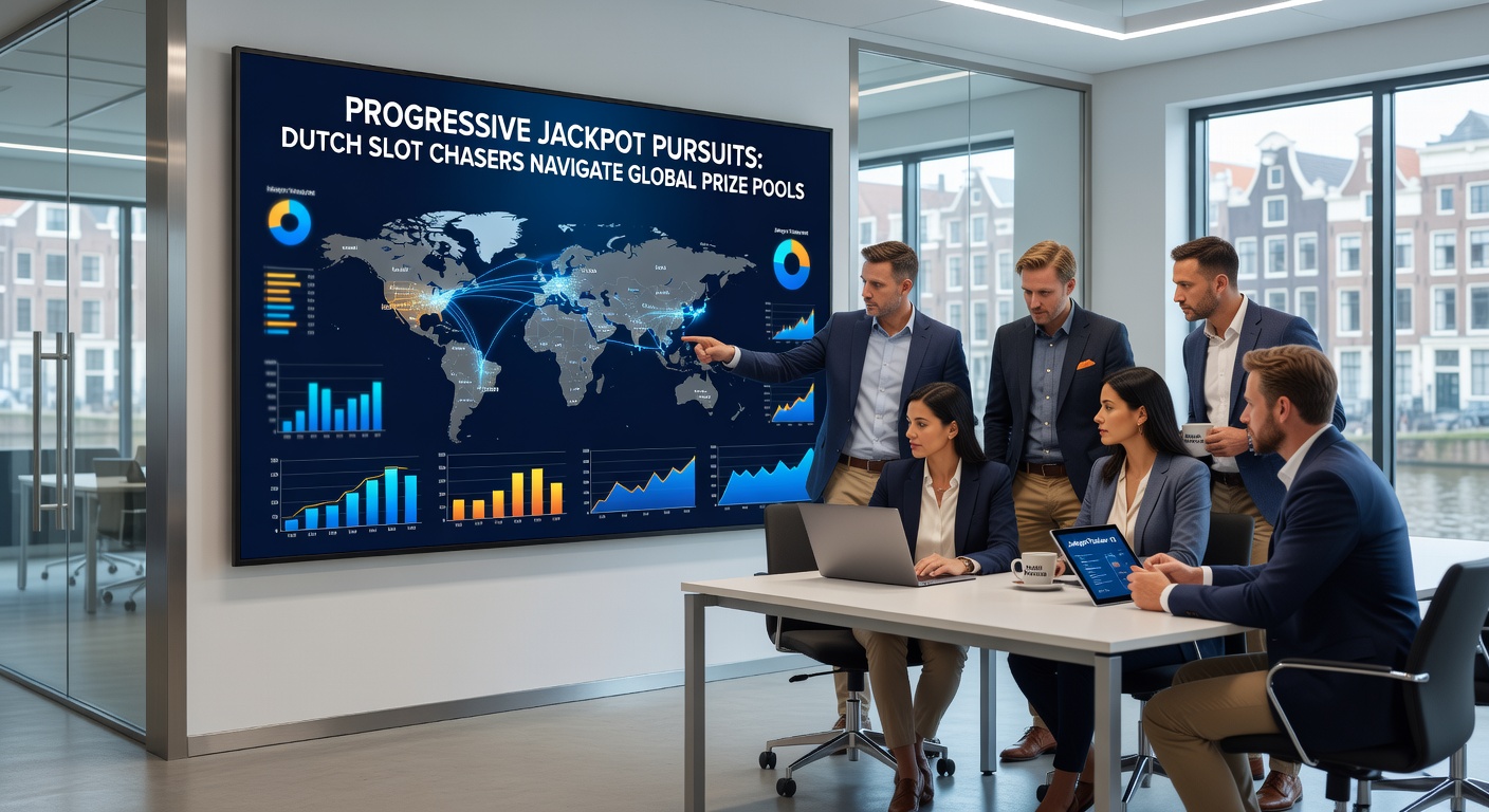 Schermafbeelding van een progressieve jackpot meter die oploopt tot miljoenen, met Nederlandse vlag en globale iconen, trends april 2026