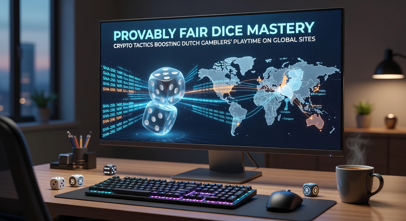 Schermafbeelding van een provably fair dice-interface op een cryptocurrency-gedreven casino-platform, met blockchain-verificatie zichtbaar