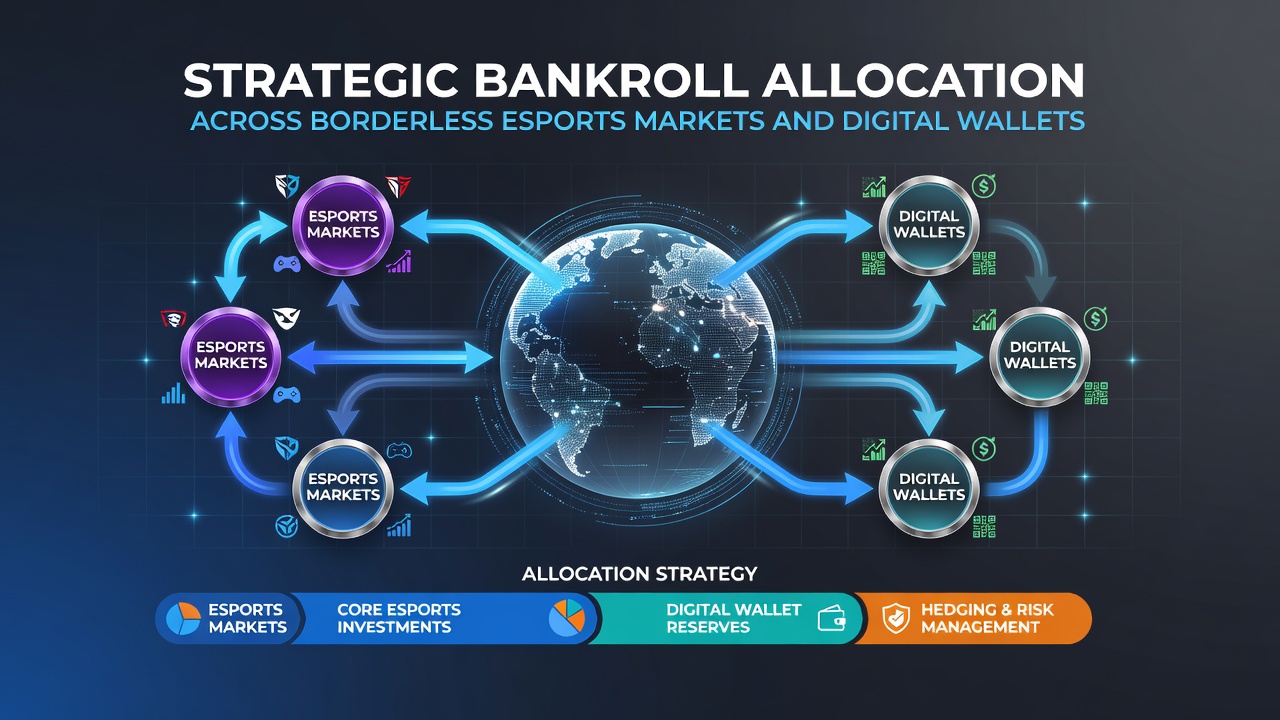 Grafiek van bankroll allocatie strategieën over esports regio's met wallet integratie