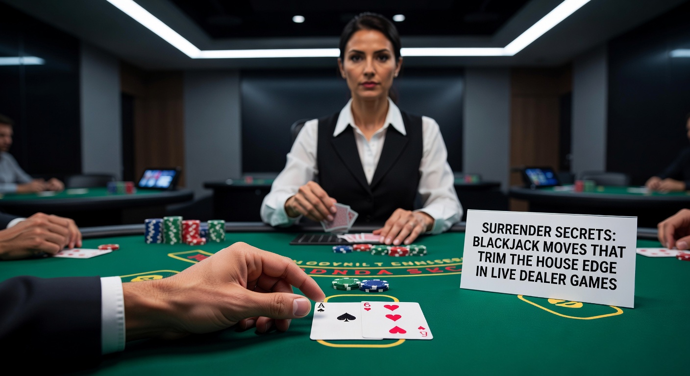 Live dealer blackjack tafel met focus op surrender-optie en kaarten in actie