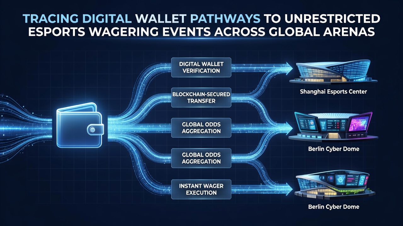 Wereldkaart met verbonden esports arena's en digitale wallet transactiepaden