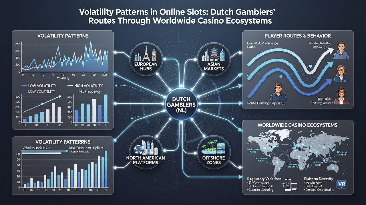 Illustratie van Nederlandse gokkers die navigeren door volatiliteit in wereldwijde online casino ecosystemen